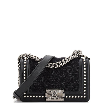 Chanel Boy Flap Bag Quilted Tweed with Pearl Embellished Calfskin Small
