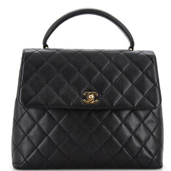 Chanel Vintage Classic Top Handle Flap Bag Quilted Caviar Jumbo