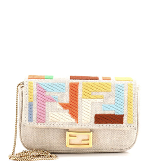 Fendi Chain Baguette Charm Bag Zucca Embroidered Canvas Nano