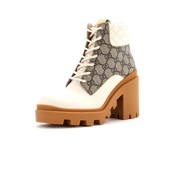 Gucci Women's Lace Up Heeled Ankle Boots GG Coated Canvas with Quilted Leather