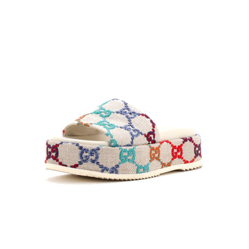 Gucci Women's Angelina Platform Slide Sandals Multicolor GG Linen