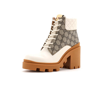 Gucci Women's Lace Up Heeled Ankle Boots GG Coated Canvas with Quilted Leather