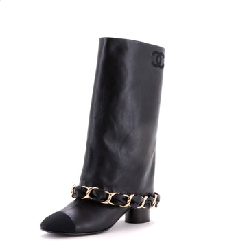 Chanel Women's Cap Toe Chain Fold Over Boots Leather with Grosgrain