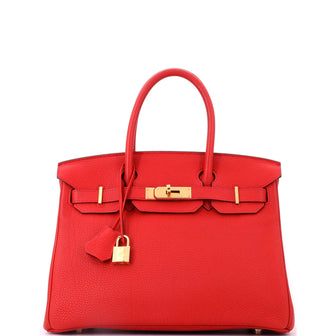 Hermes Birkin Handbag Red Clemence with Gold Hardware 30