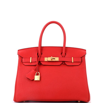 Hermes Birkin Handbag Red Clemence with Gold Hardware 30