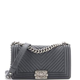Chanel Boy Flap Bag Chevron Wrinkled Lambskin Old Medium