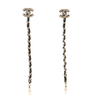 Chanel CC Chain Drop Earrings Metal with Leather and Faux Pearls