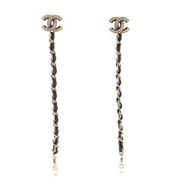 Chanel CC Chain Drop Earrings Metal with Leather and Faux Pearls