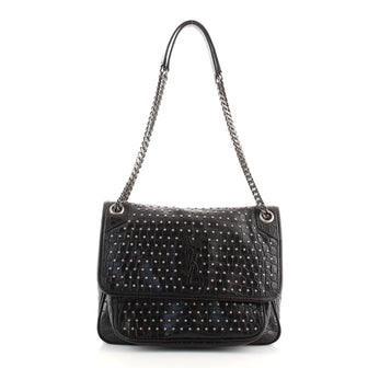 Saint Laurent Niki Chain Flap Bag Studded Crocodile Embossed Leather Medium