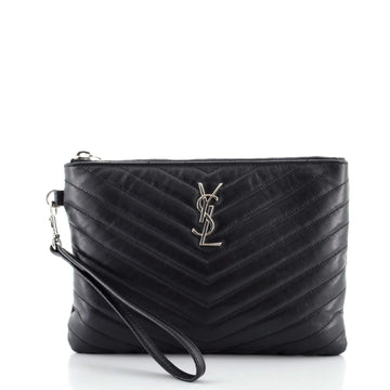 Saint Laurent Classic Monogram Wristlet Pouch Matelasse Chevron Leather Small