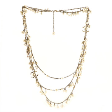 Chanel CC Multistrand Long Necklace Metal with Faux Pearls