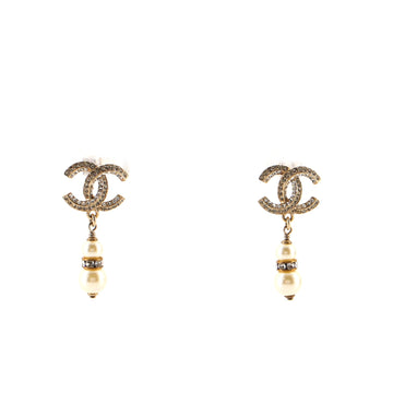 Chanel CC Double Pearl Drop Earrings Metal with Crystals and Faux Pearls