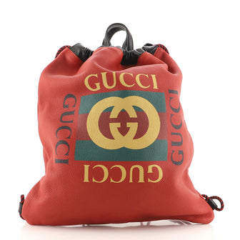 Gucci Logo Drawstring Backpack Printed Leather Large