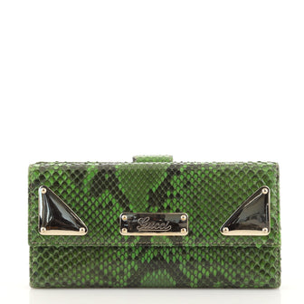 Gucci Logo Plate French Flap Wallet Python Long
