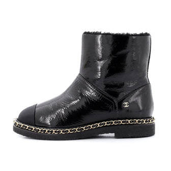 Chanel Women's Chain Around Cap Toe Ankle Boots Crumpled Calfskin and Shearling