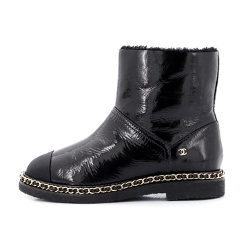 Chanel Women's Chain Around Cap Toe Ankle Boots Crumpled Calfskin and Shearling