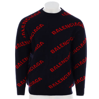 Balenciaga Men's Allover Logo Crewneck Sweater Wool Blend