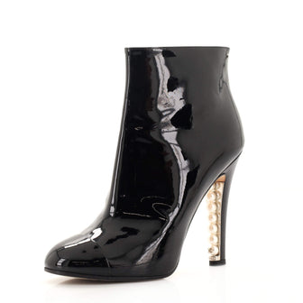 Chanel Women's Pearl Embellished Heeled Ankle Boots Patent