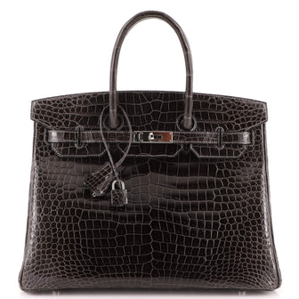Hermes Birkin Handbag Grey Shiny Porosus Crocodile with Palladium Hardware 35