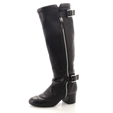 Chanel Women's Cap Toe Buckle Riding Knee High Boots Leather