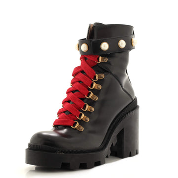 Gucci Women's Heeled Lace Up Combat Ankle Boots Leather with Faux Pearls
