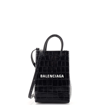 Balenciaga Shopping Phone Holder Crocodile Embossed Leather