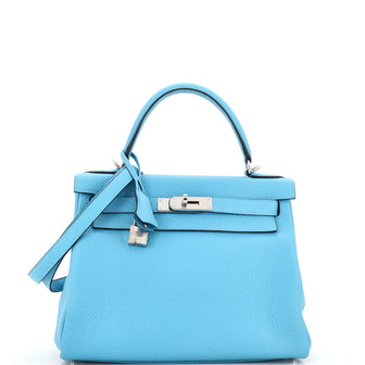 Hermes Kelly Handbag Blue Clemence with Palladium Hardware 28