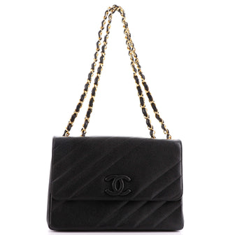 Chanel Vintage Covered CC Flap Bag Diagonal Quilted Caviar Jumbo