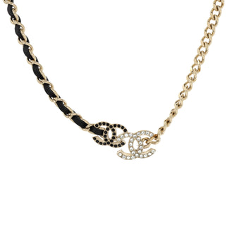 Chanel Double CC Chain Choker Necklace Metal with Leather and Crystals
