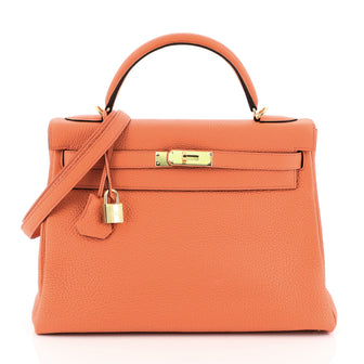 Hermes Kelly Handbag Orange Clemence with Gold Hardware 32