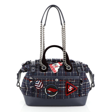 Chanel Crest Trip Bowling Bag Patch Embellished Tweed and Grained Calfskin Medium