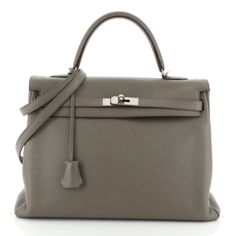 Hermes Kelly Handbag Grey Clemence with Palladium Hardware 35
