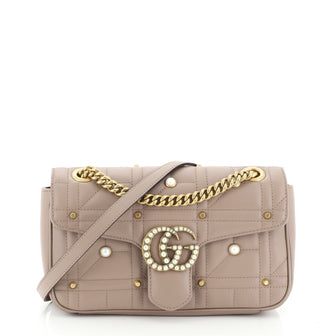 Gucci Pearly GG Marmont Flap Bag Embellished Matelasse Leather Small