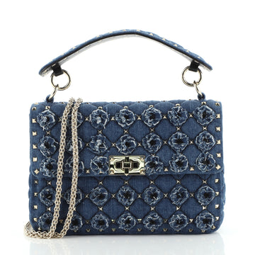 Valentino Rockstud Spike Flap Bag Quilted Denim with Applique Medium