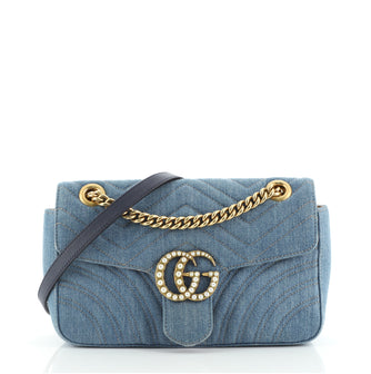 Gucci Pearly GG Marmont Flap Bag Matelasse Denim Small