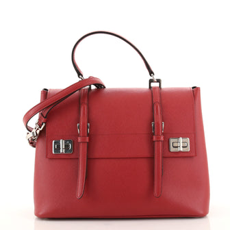 Prada Half Flap Double Turn Lock Satchel Saffiano Leather Large
