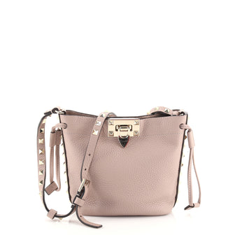 Valentino Rockstud Flip Lock Bucket Crossbody Bag Pebbled Leather Mini